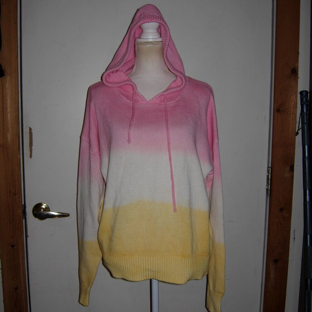 Metric Knits Pink White Yellow Dip Dye Ombre Knit Hoodie Pullover Sweater XL